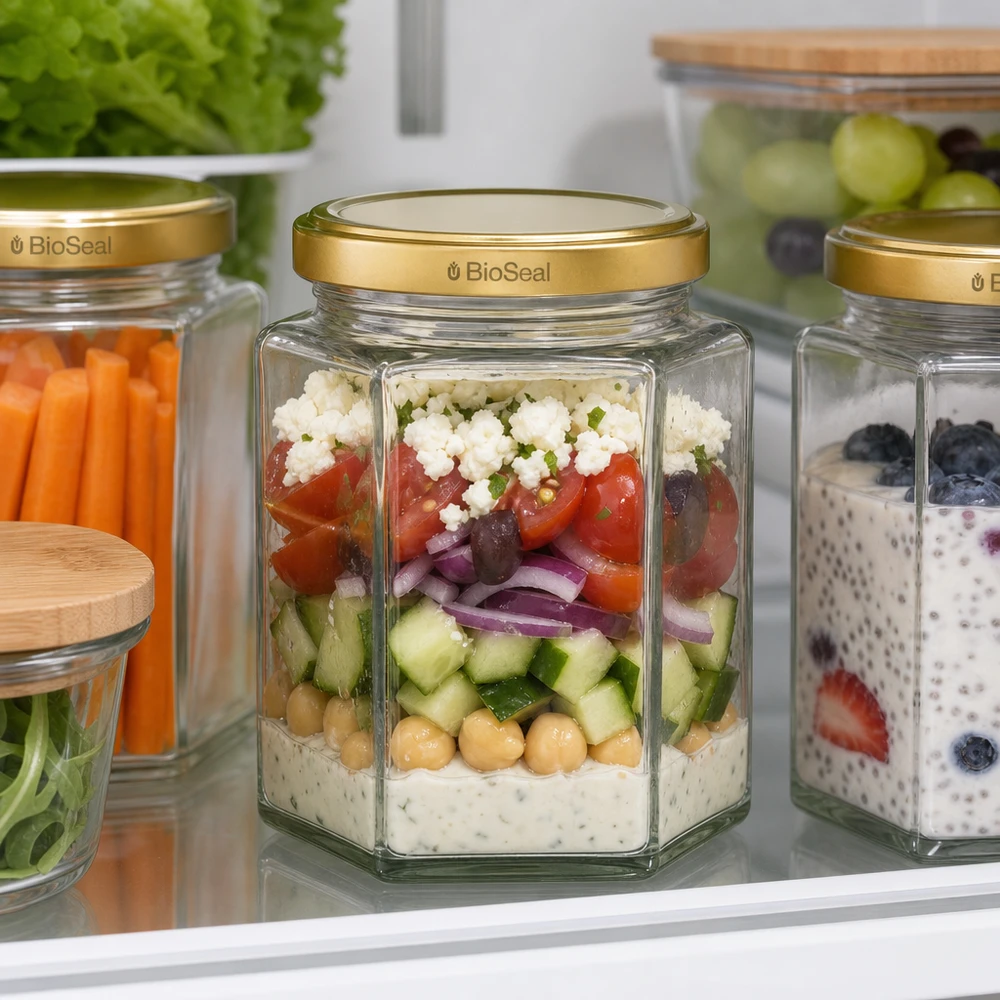 UNiTWIST Hexa390 Meal Prep Glas mit BioSeal Deckel für geschichteten Salat im Kühlschrank zur Vorratshaltung