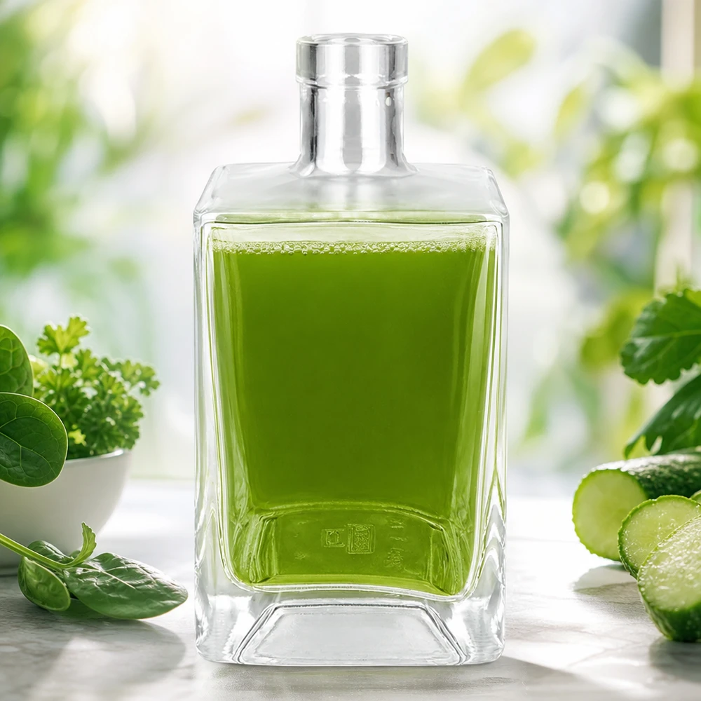Glasflasche Ben 700ml mit grünem Saft befüllt umgeben von frischen Kräutern Gurken und Spinat als Detox-Smoothie