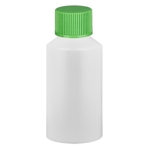 Lékárenská láhev HDPE 50ml bílá, se zeleným šroubovacím uzávěrem Lékárenská láhev HDPE 50ml bílá, se zeleným šroubovacím uzávěrem
