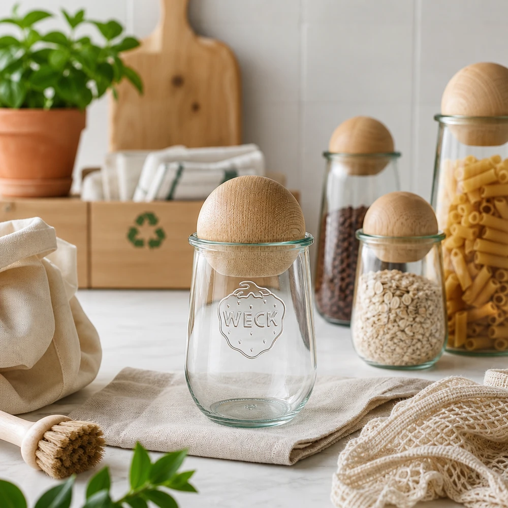1062ml tulipánová sklenice WECK RR100 s dřevěnou kuličkou buk WECK Tulpenglas 1062ml RR100 mit Buchenkugel in nachhaltiger Zero-Waste-Küche mit Recycling-Symbol und Naturmaterialien
