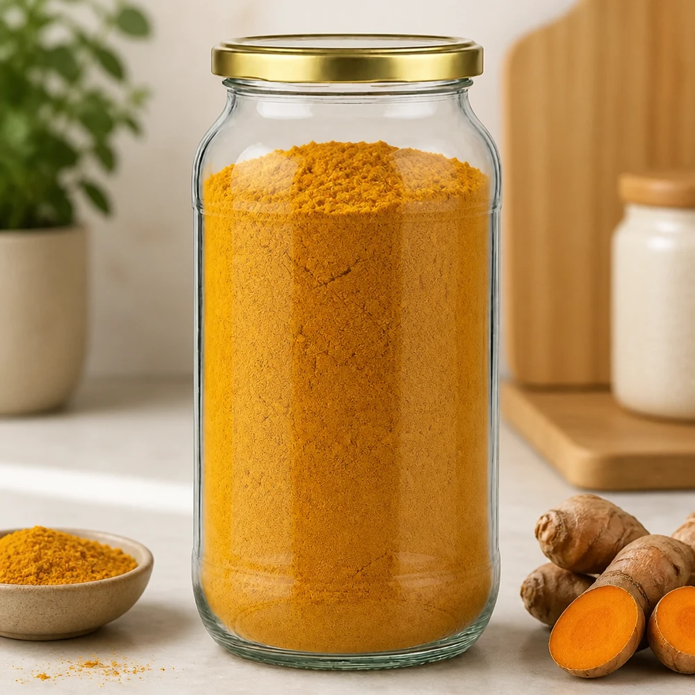 1062ml Rundglas mit goldenem BasicSeal Deckel gefüllt mit Kurkumapulver neben frischer Kurkumawurzel auf Küchentheke