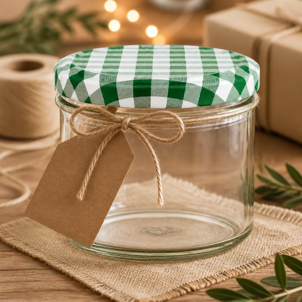 225ml kelímky + víčko BasicSeal zelená/bílá UNiTWIST. 225ml Sturzglas mit grün-weißem Karodeckel und Kraftpapier-Anhänger als Geschenkidee dekorativ präsentiert