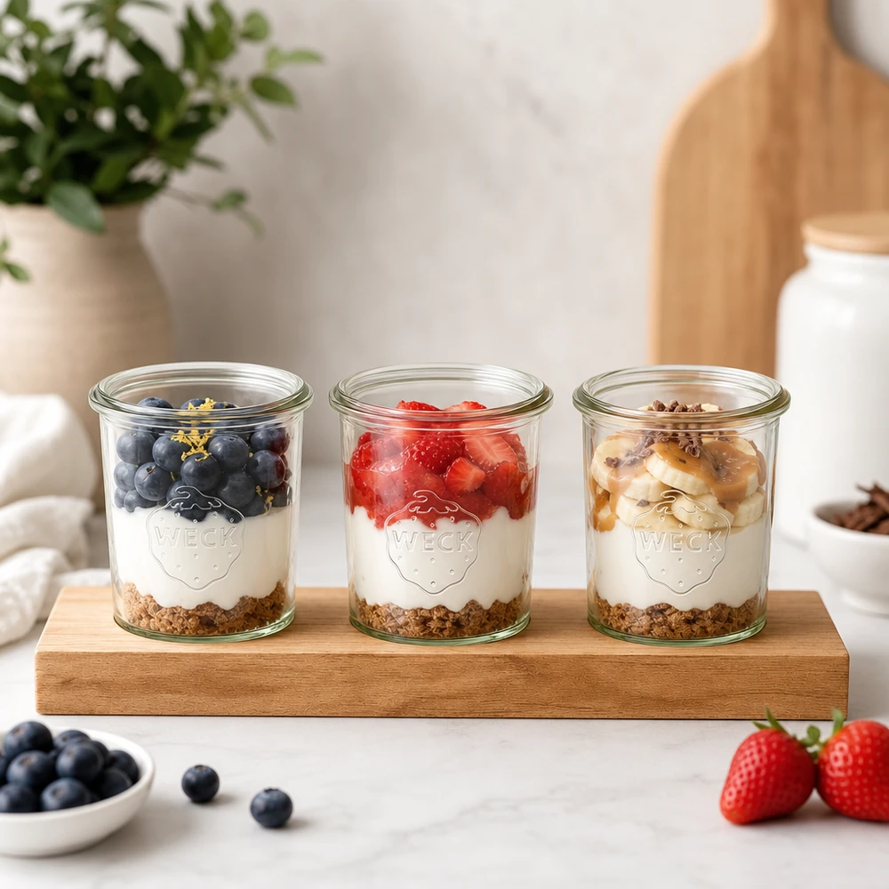 Servírovací prkénko Plano3 se 3 kelímky Weck 160 ml Servierbrett Plano3 mit Weck Gläsern als Joghurt-Parfait mit Beeren Granola und Nüssen in heller Küche