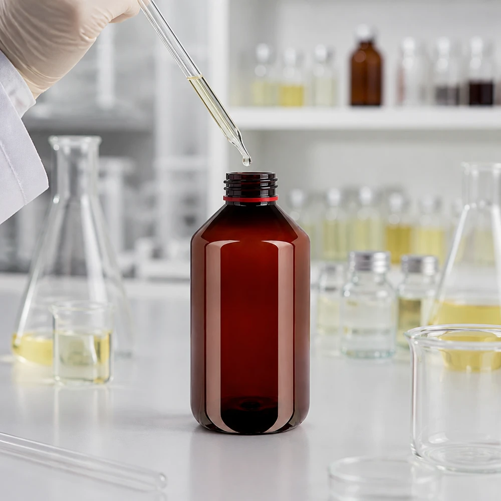 PET láhev 500ml s bílým/červeným uzávěrem s ochranou proti manipulaci. PET láhev s ochranou proti světlu o objemu 500 ml s červeným uzávěrem zajišťujícím neporušenost pro citlivé laboratorní kapaliny