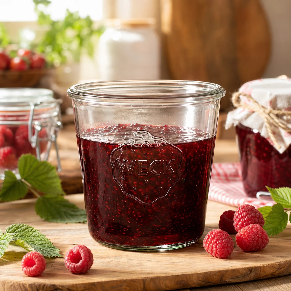 580ml tumbler WECK RR100 s dřevěným dřevem - 580ml tumbler WECK RR100 s dřevěným dřevem. WECK Sturzglas 580ml RR100 mit Himbeermarmelade gefüllt auf Holzbrett mit frischen Himbeeren und Minzblättern