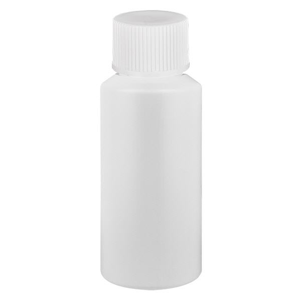 Lékárenská lahvička HDPE 30ml bílá, s bílým šroubovacím uzávěrem Lékárenská lahvička HDPE 30ml bílá, s bílým šroubovacím uzávěrem