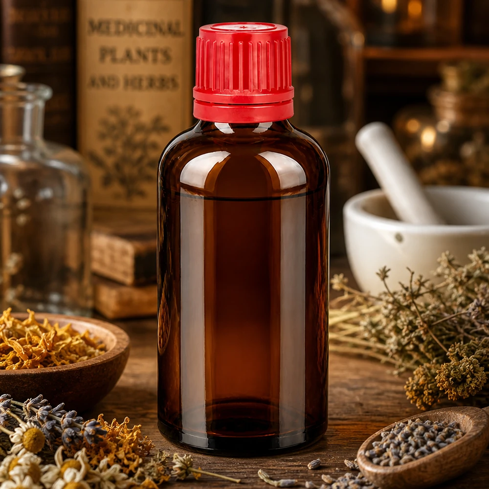 50ml láhev 11mm šroubovací uzávěr červený tamper evidentní uzávěr BrownLine UT18/50 Kompakte 50ml BrownLine Flasche mit rotem Kindersicherungsverschluss für Naturheilmittel