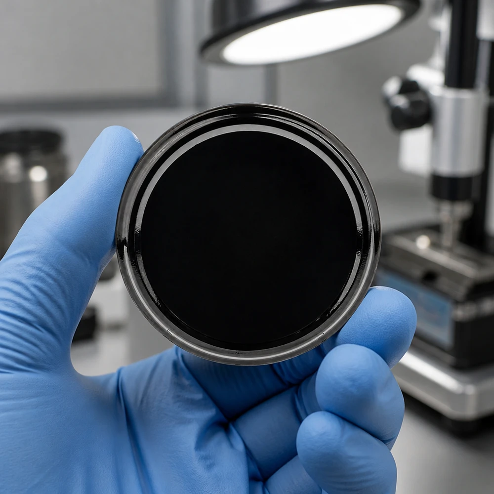 70mm víko BasicSeal černé (TO70) UNiTWIST Lesklé černé šroubovací víčko BasicSeal TO70, 70 mm, detailní záběr, laboratorní rukavice UNiTWIST