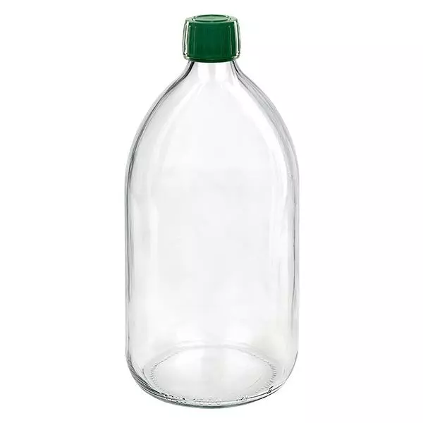 1000ml lahvička na léky čirá, uzávěr zelený s tamper-evidentním kroužkem ApoGlas 1000ml lahvička na léky čirá, uzávěr zelený s tamper-evidentním kroužkem ApoGlas