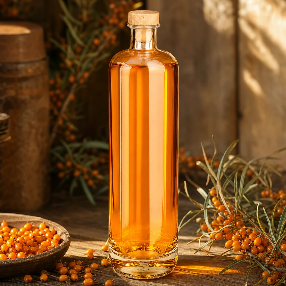 700ml Glasflasche Ella mit Sanddornlikör gefüllt und Holzkorken zwischen frischen Sanddornbeeren auf Holztisch