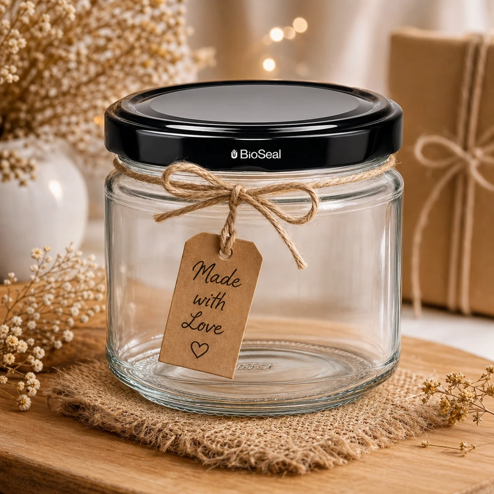Kulatá sklenice 330 ml + víčko BioSeal černé UNiTWIST UniTWIST Runda330 Einmachglas mit Made with Love Anhänger als Geschenkverpackung rustikale Dekoration