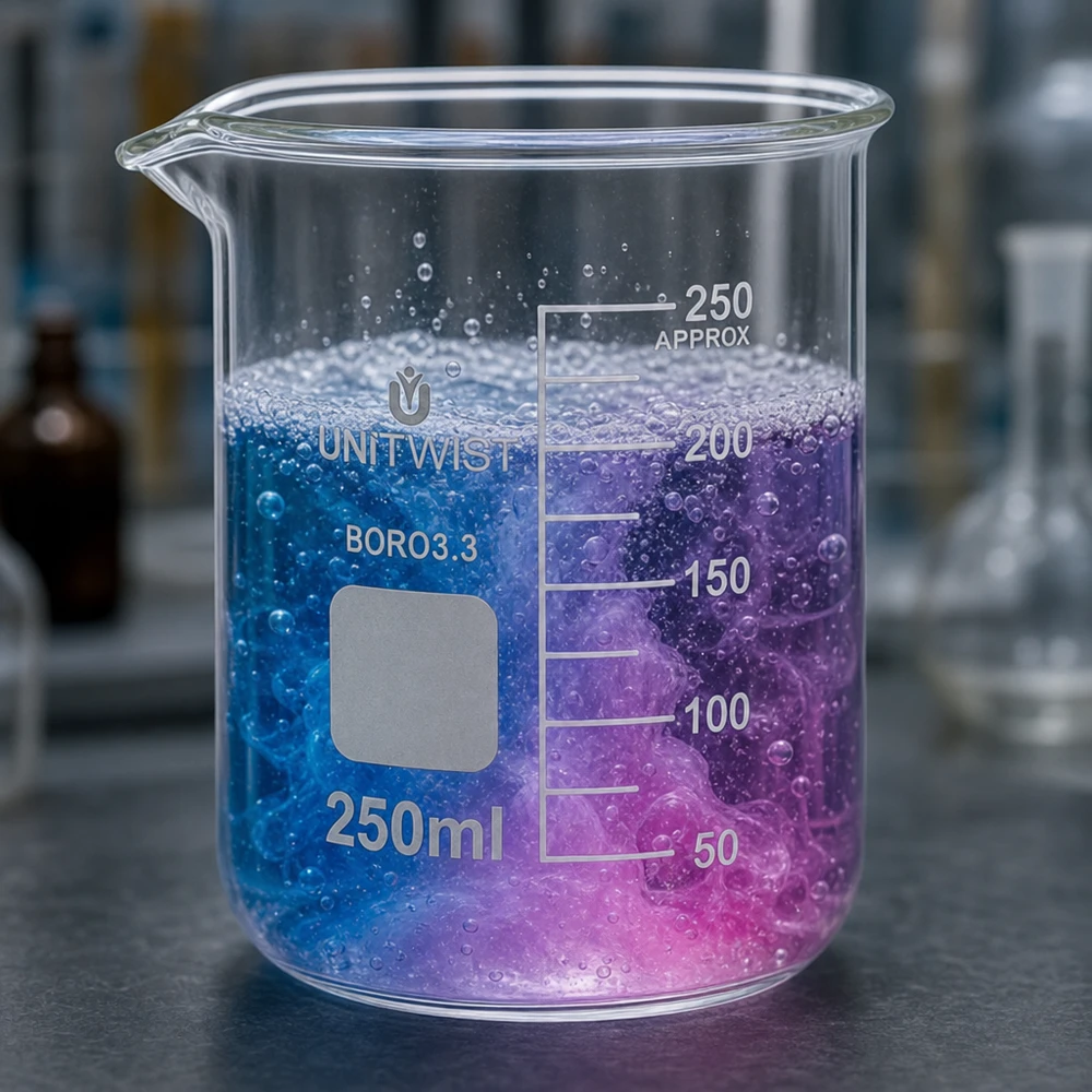UNiTWIST 250ml Becherglas niedrige Form Borosilikat mit Farbreaktion von Blau zu Magenta