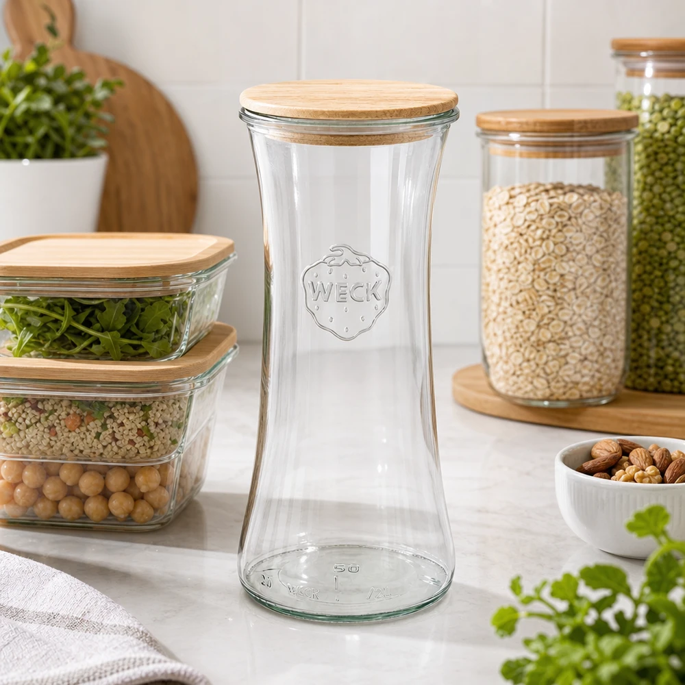 700ml lahůdková zavařovací sklenice WECK RR80 s dřevěným víčkem. WECK Delikatessenglas 700ml leer in moderner Küche mit Vorratsgläsern und Lebensmitteln organisierte Aufbewahrung