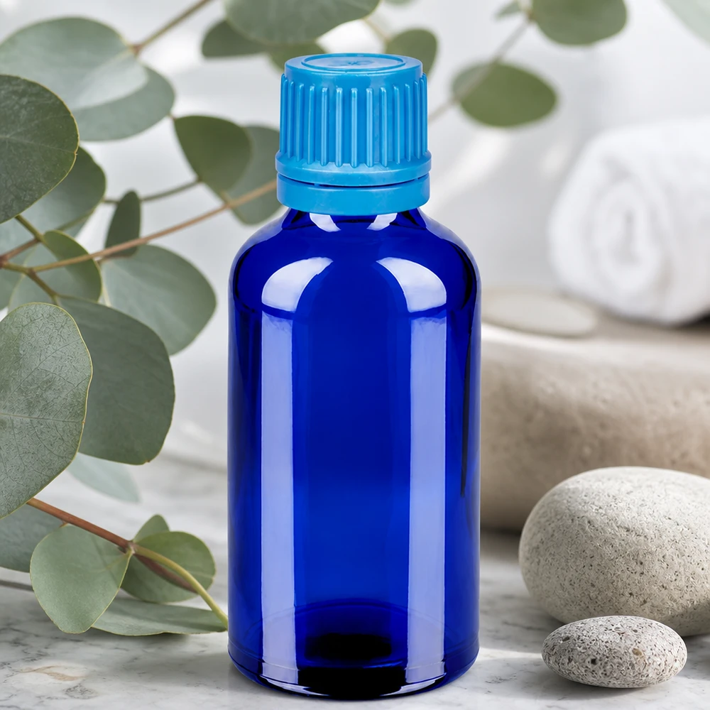 50ml láhev 11mm šroubovací uzávěr modrý uzávěr s ochranou proti manipulaci BlueLine UT18/50 Elegante kobaltblaue 50ml Flasche mit Kindersicherung perfekt für DIY-Mischungen und Tinkturen