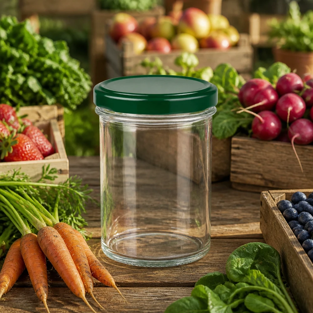 350ml tumblery + víčko BasicSeal zelené UNiTWIST 350ml Sturzglas UNiTWIST leer mit grünem Deckel zwischen frischem Gemüse Obst und Kräutern auf Holztisch