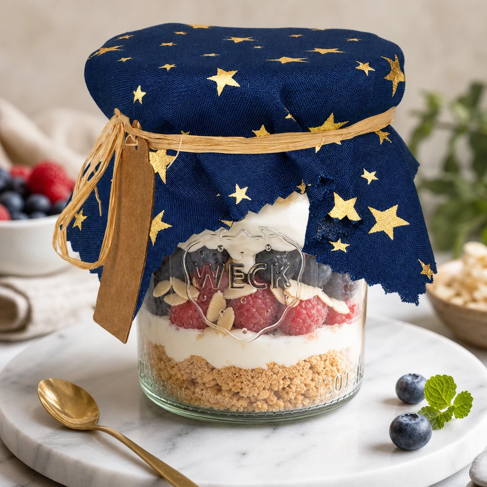 Látkový ubrousek na šperky modrý "hvězdy" 15cm čtvercový Blaues Sternenmuster Schmuckdeckchen auf Dessertglas mit Beeren und Sahne - dekoratives Stoffdeckchen 15cm eckig