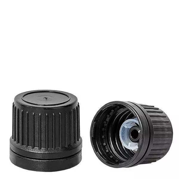 Šroubovací víčko horní s nalévacím kroužkem černé 18mm tamper evidentní uzávěr.