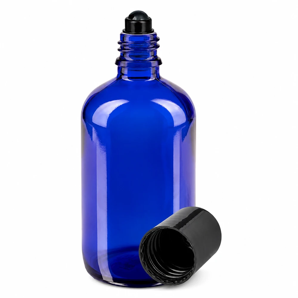 Lékárenská láhev modrá 100ml roll-on uzávěr černý 100ml Roll-On Flasche aus blauem Schutzglas mit schwarzem Rollball und Deckel