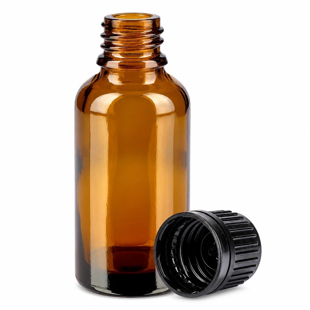 30ml láhev 11mm šroubovací uzávěr černý tamper evidentní uzávěr BrownLine UT18/30 Kompakte 30ml braune Glasflasche mit schwarzem Verschluss für Labor und Kosmetik