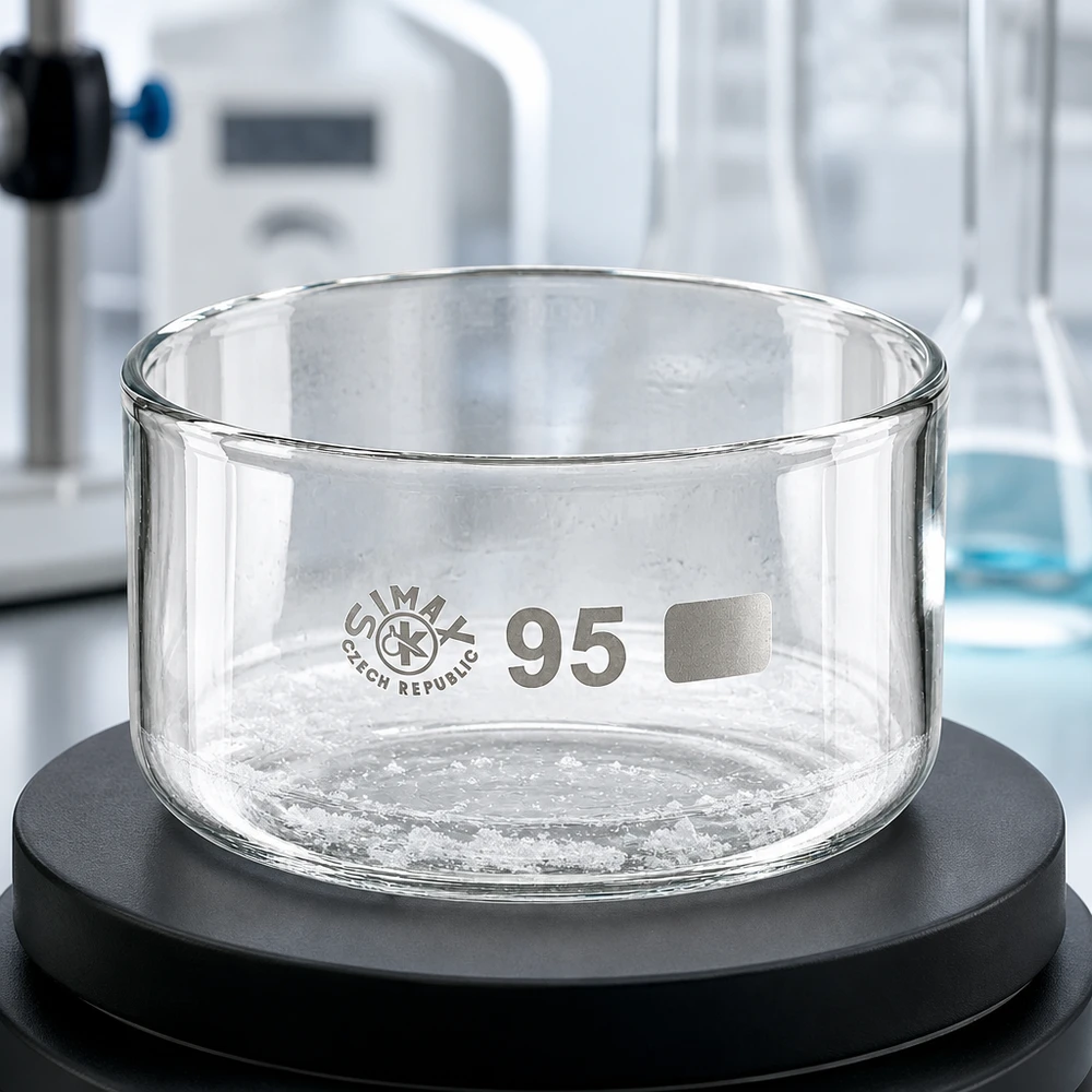300ml krystalizační miska bez výlevky borosilikátová ø95mm Kristallisierschale ohne Ausguss 300ml Simax auf Analysenwaage Laboraufbau professionelles Glasgerät