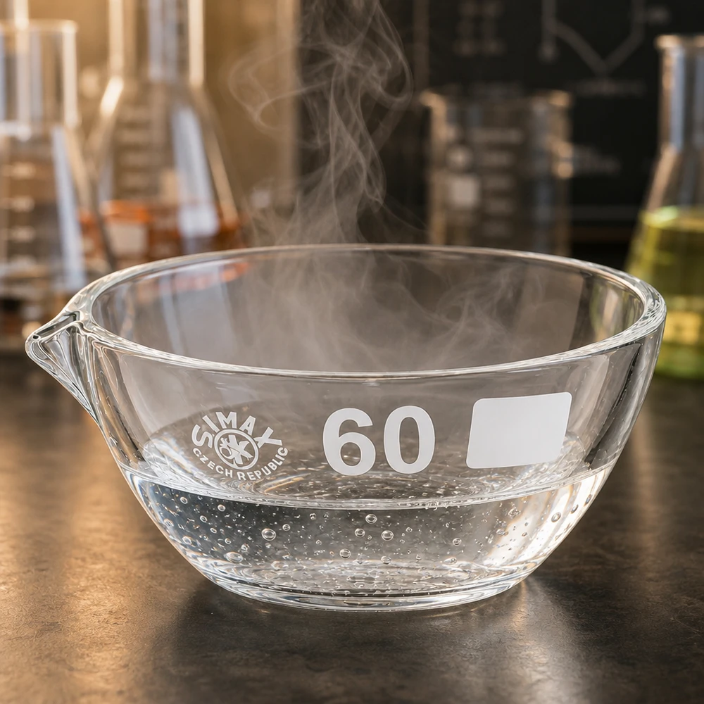 Zásobník na páry o objemu 45 ml s borosilikátovou výlevkou ø60 mm Dampfende Abdampfschale 45ml aus temperaturbeständigem Borosilikat Glas mit Ausguss