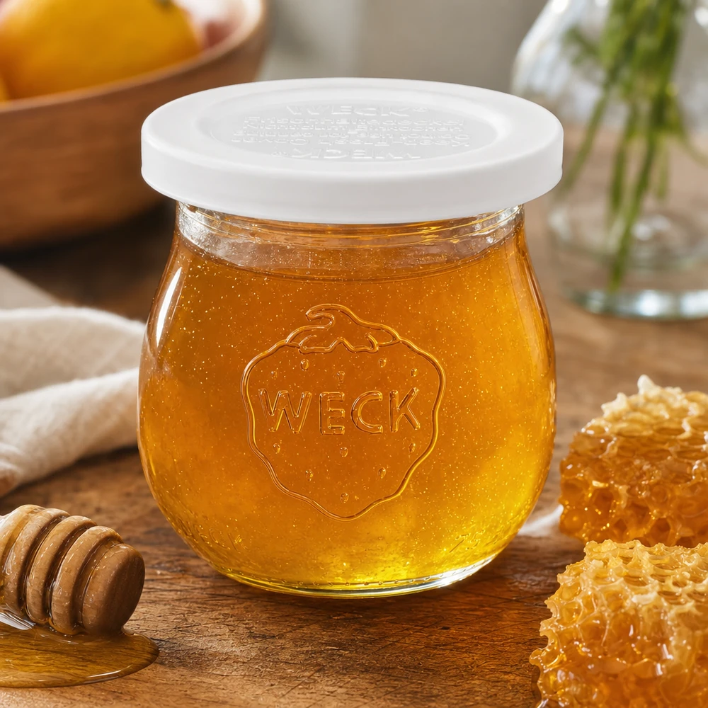 75ml tulipánová dóza s víčkem pro osvěžení WECK RR40 WECK Tulpenglas 75ml mit Honig befüllt neben Waben und Honiglöffel zeigt vielseitige Verwendung des RR40 Einmachglases