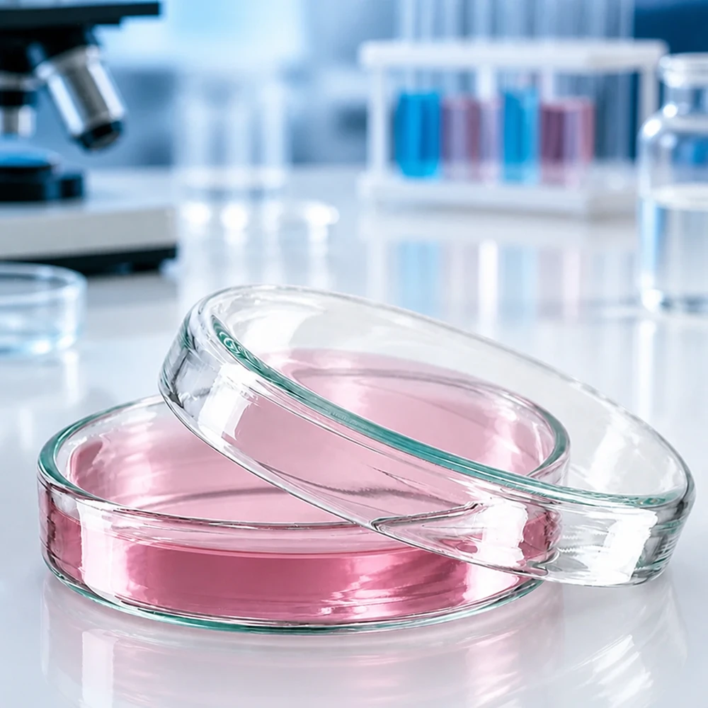 Hochwertige Glaspetrischalen 60x15 mm für Zellkulturen mit rosa Nährmedium in Laborumgebung