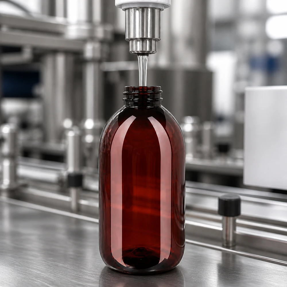 PET láhev 250ml se standardním bílým uzávěrem s pojistkou proti manipulaci Automatické plnění hnědé PET láhve o objemu 250 ml s bílým vnějším obalem na průmyslovém dopravníku