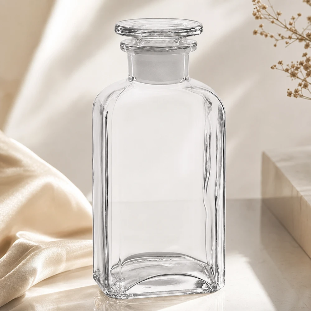 Čtvercová láhev 250ml čirá skleněná zátka se širokým hrdlem Dekorative Glasflasche mit Stopfen 250ml viereckig für Parfüm Öle und Flüssigkeiten