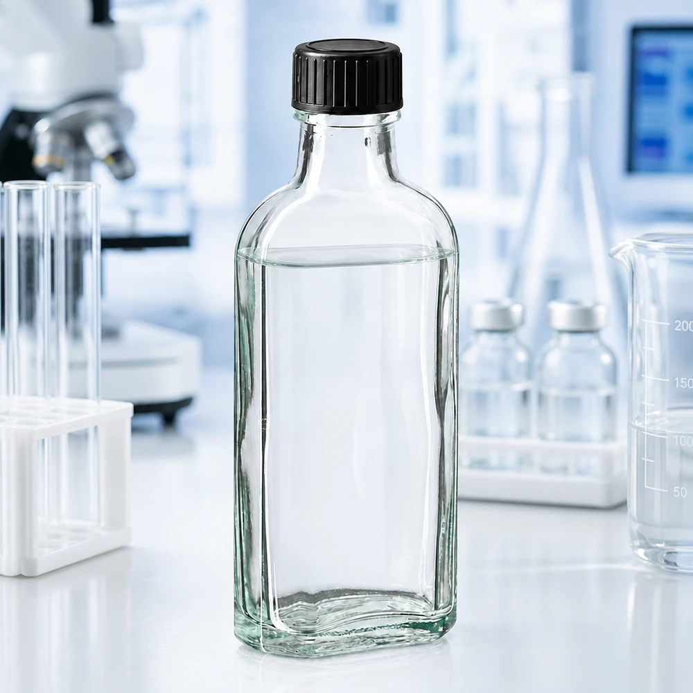 100 ml čirý šroubovací uzávěr Meplat s těsnicím diskem EPE Transparente Glasflasche rechteckige Form 100ml mit EPE-Einlage für chemische Substanzen