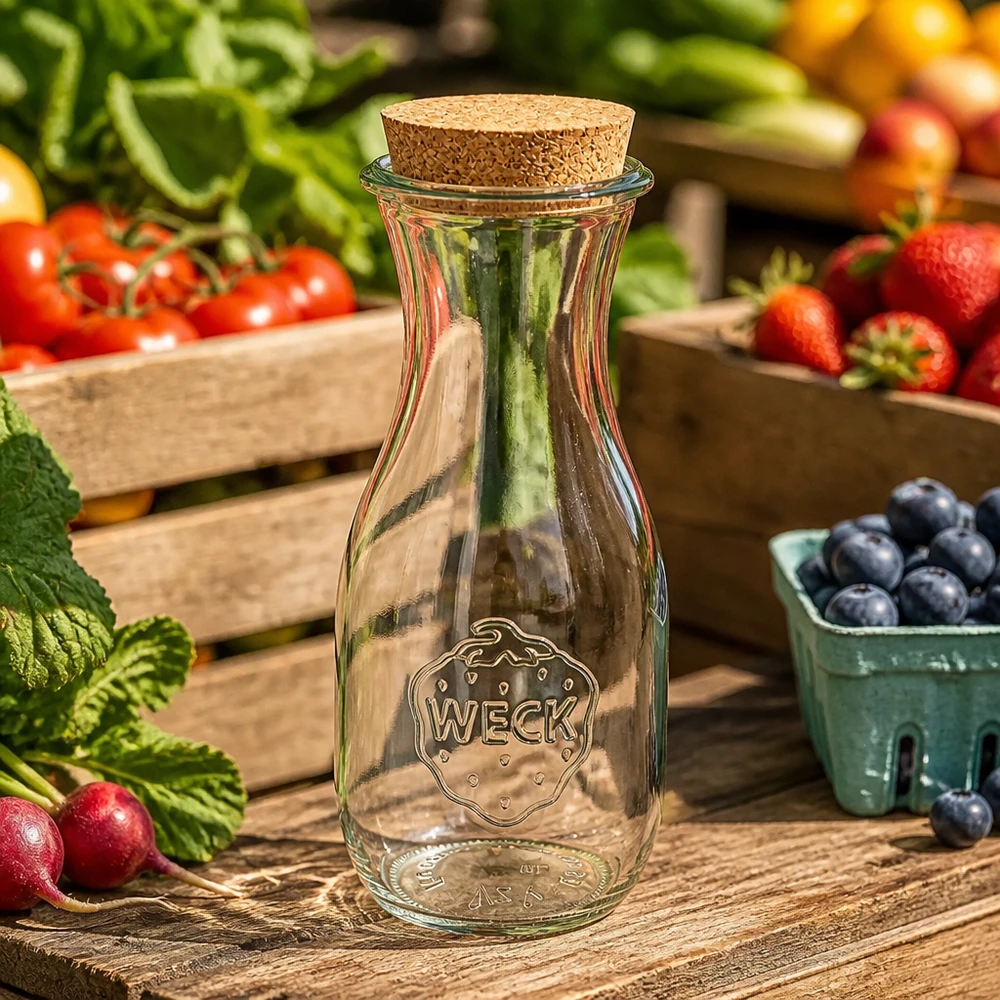 530ml láhev na džus WECK RR60 s korkem přírodní WECK Saftflasche 530ml leer mit Korkverschluss zwischen frischem Obst und Gemüse auf Holztisch natürliche Küche
