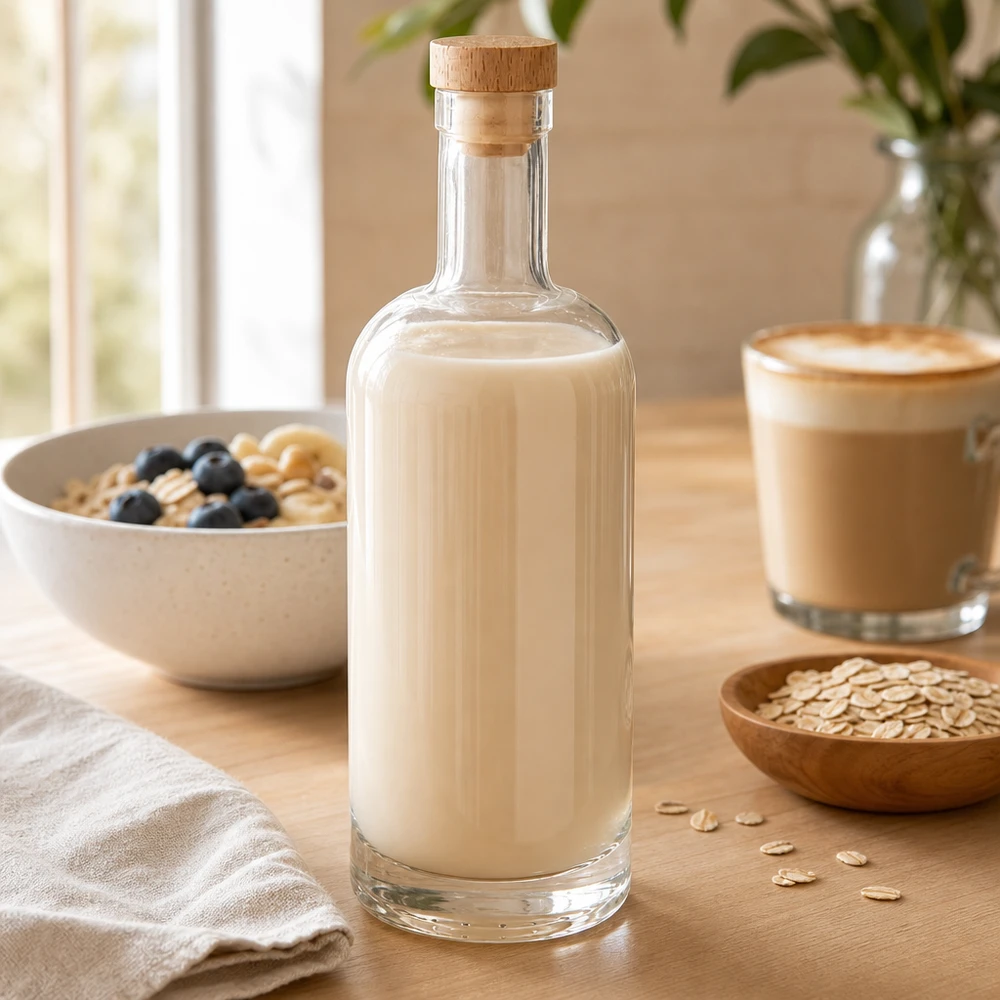 750ml Glasflasche Emma mit Holzkorken gefüllt mit Hafermilch neben Müslischale und Kaffeetasse auf Holztisch