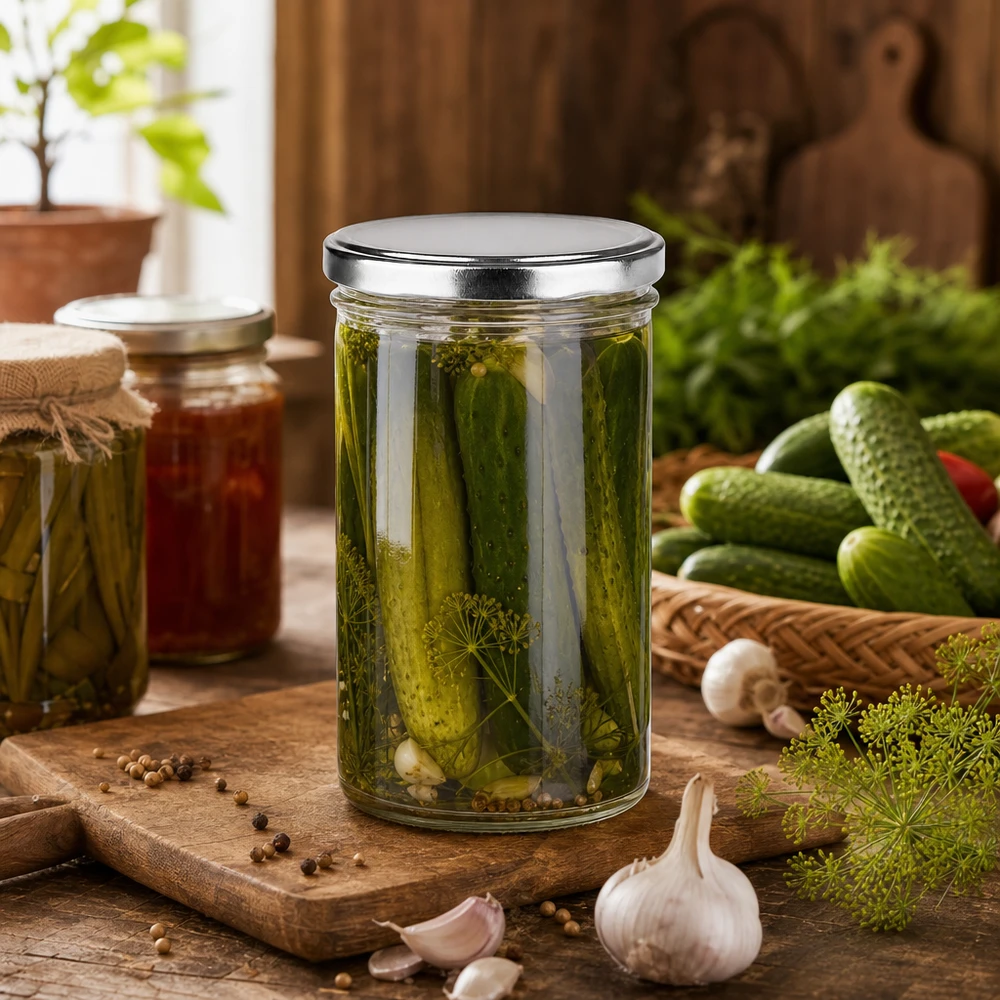 277ml Sturzglas mit BasicSeal Deckel silber gefüllt mit eingelegten Gurken Dill Gewürzen rustikale Küche Einmachen