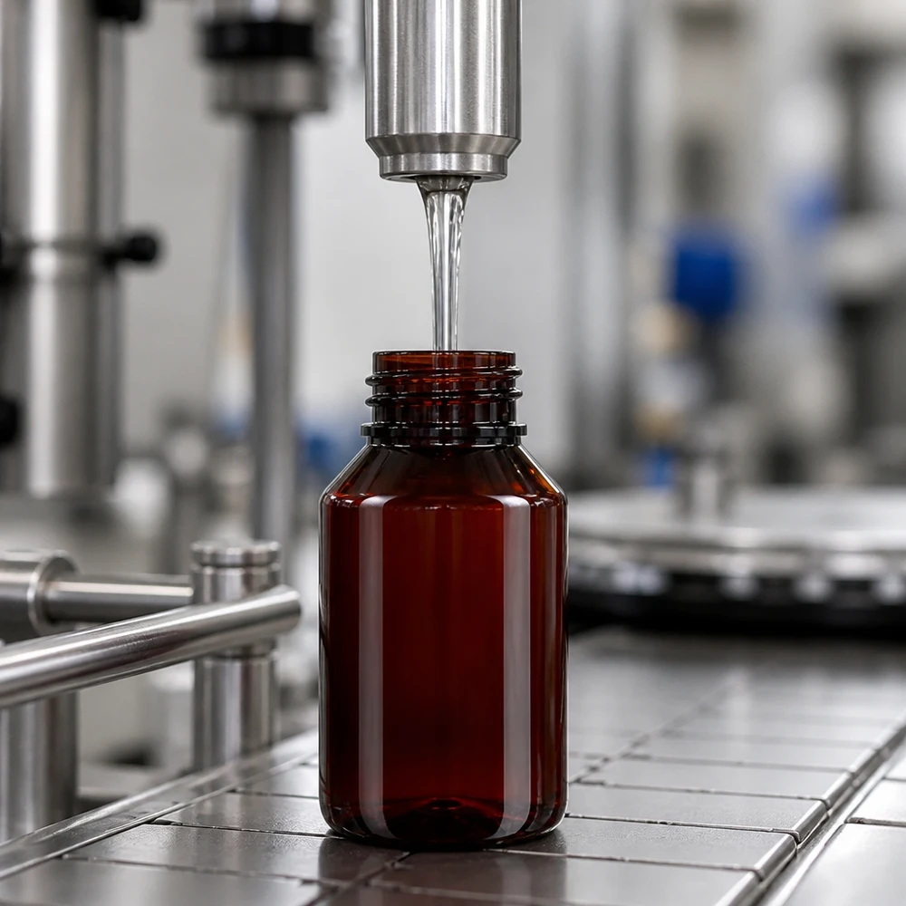 PET láhev 50ml s bílým/červeným uzávěrem s možností manipulace. Automatická plnicí linka plní hnědé PET láhve o objemu 50 ml s dětskou pojistkou