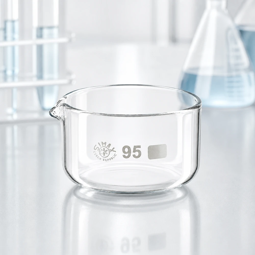 Laborschale aus Borosilikatglas 300ml mit Ausguss breite Öffnung geringes Profil SIMAX 95mm