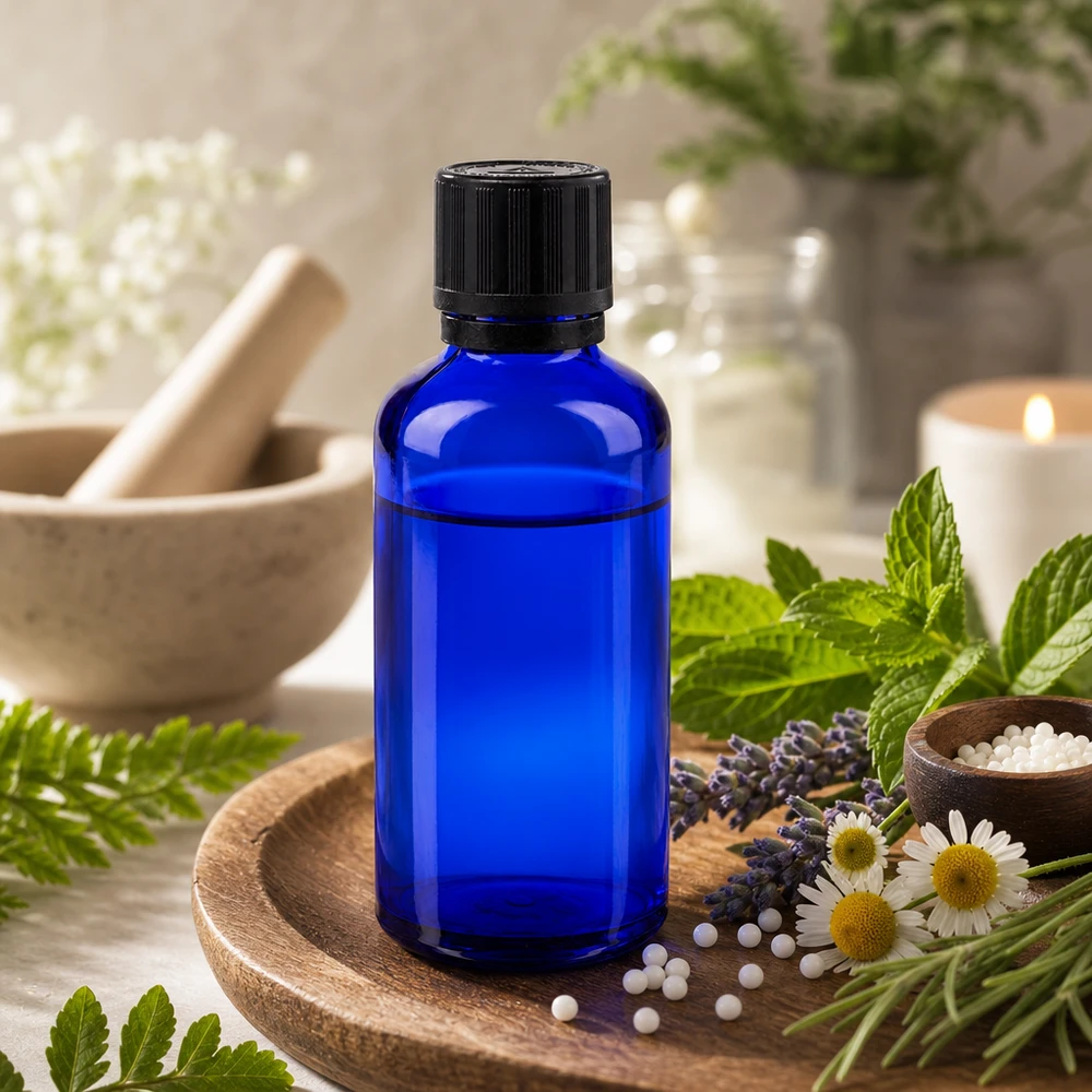 Dunkelblaues 50ml Glasfläschchen mit schwarzem Originalitätsverschluss neben Mörser und Kerze