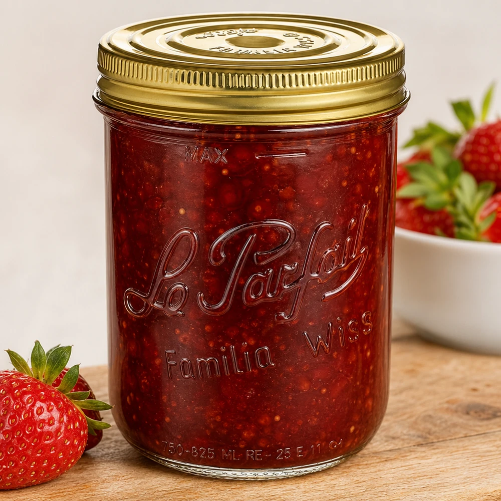 Sturzglas Familia Wiss 1020ml mit Schraubdeckel gefüllt mit Erdbeermarmelade neben frischen Erdbeeren