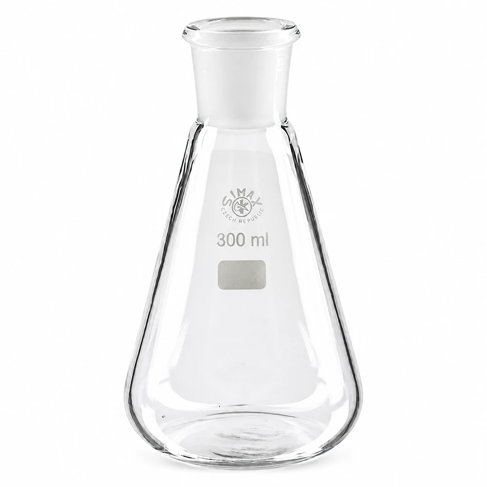 Erlenmeyerova baňka 300ml se standardním broušeným spojem (29/32) Erlenmeyerkolben aus klarem Borosilikatglas 300ml Volumen mit präzisem Normschliff