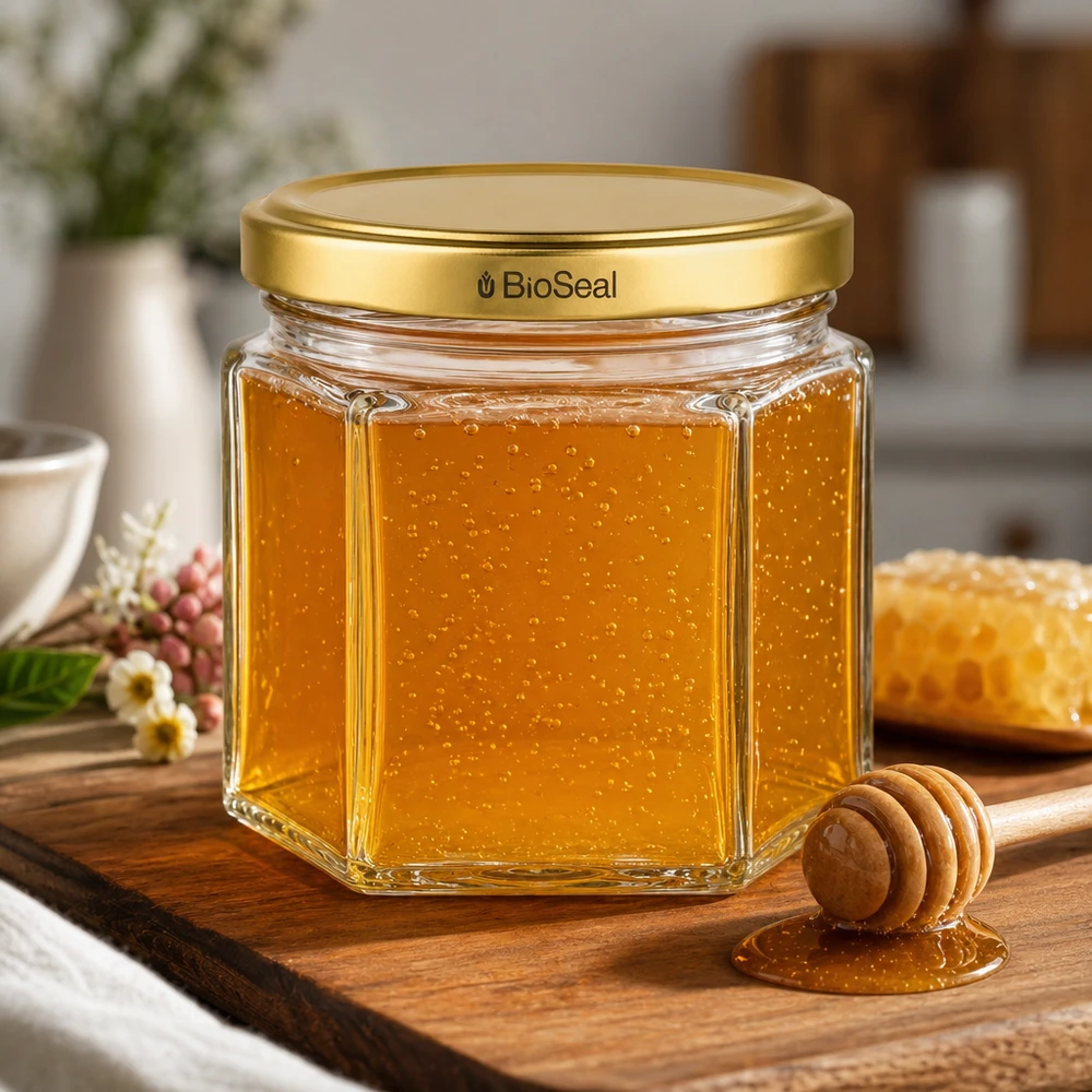 Šestihranná sklenice o objemu 47 ml se zlatým víčkem UNiTWIST BioSeal. UNiTWIST Hexa47 Honigglas mit goldenem TO43 BioSeal Deckel auf Holzbrett mit Honiglöffel in natürlicher Küche