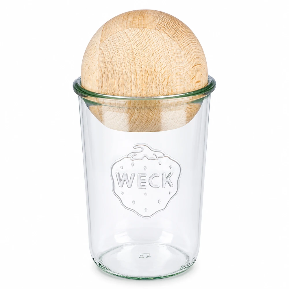 WECK RR100 Sturzglas 850ml mit Holzkugel aus Buche als Deckel, transparentes Einmachglas mit Holzdeckel