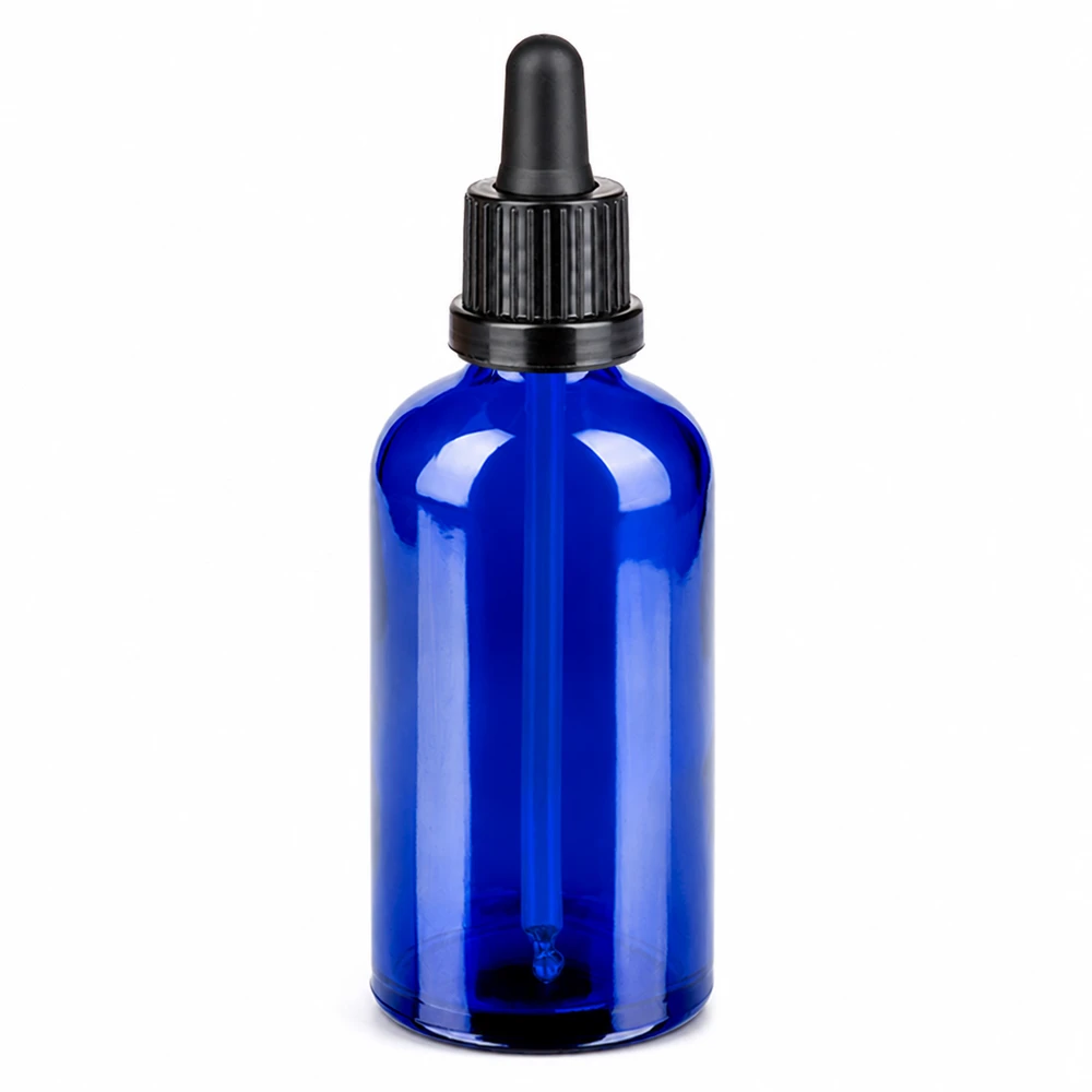 100ml pipetovací láhev černá s uzávěrem proti neoprávněné manipulaci BlueLine UT18/100 Apothekerflasche 100ml blau mit schwarzem Tropfverschluss für genaue Anwendung