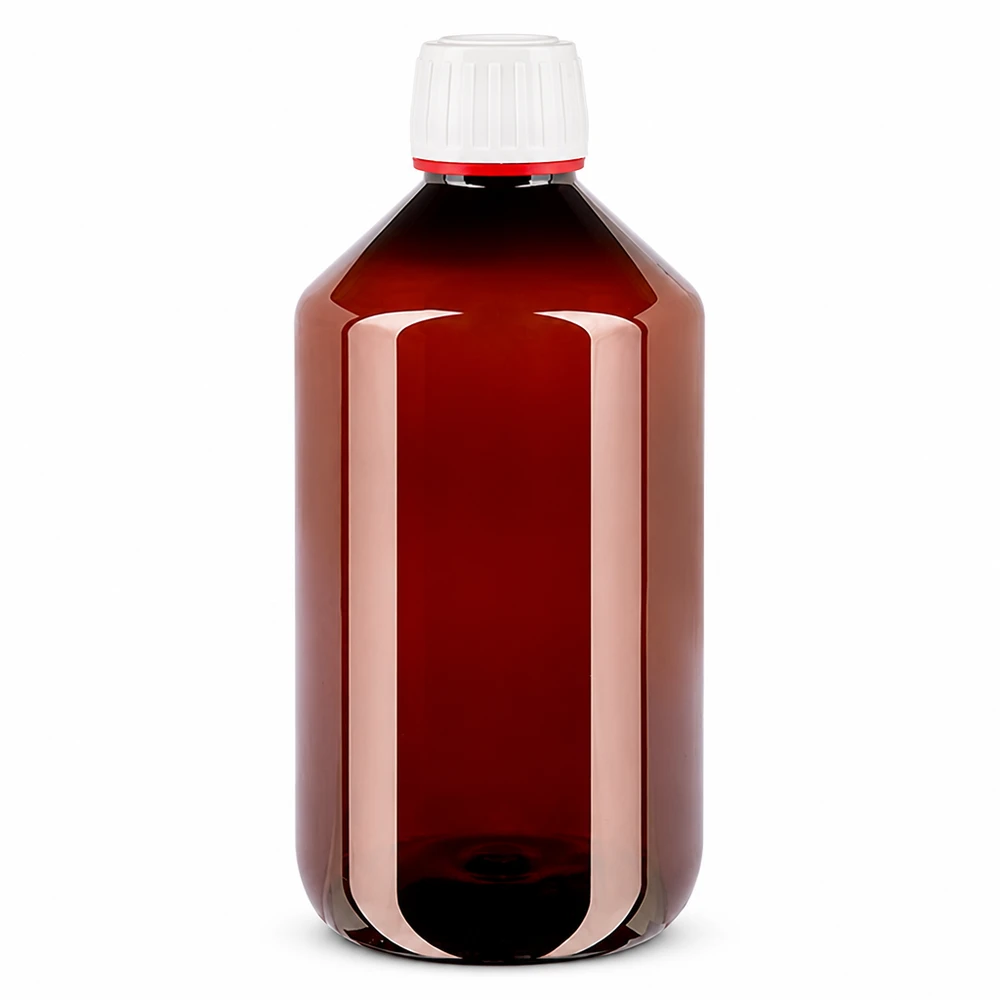 PET láhev 500ml s bílým/červeným uzávěrem s ochranou proti manipulaci. PET láhev o objemu 500 ml, hnědá, s bílým bezpečnostním uzávěrem pro farmaceutické účely