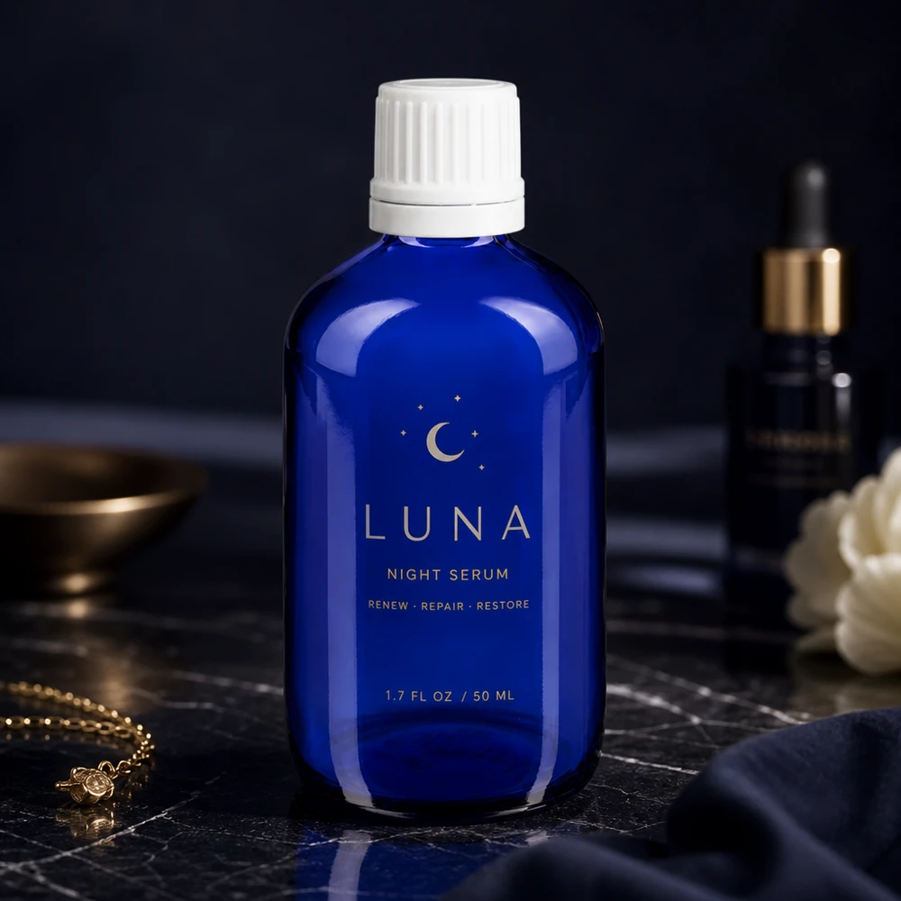 UV-schützende blaue Apothekerflasche 100ml mit weißem Schraubdeckel und Dosiertropfer