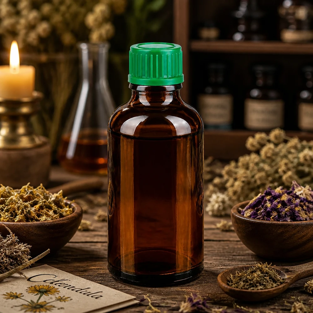 Braune 50ml Glasflasche mit grünem Schraubverschluss für Heilpflanzenextrakte und Tinkturen