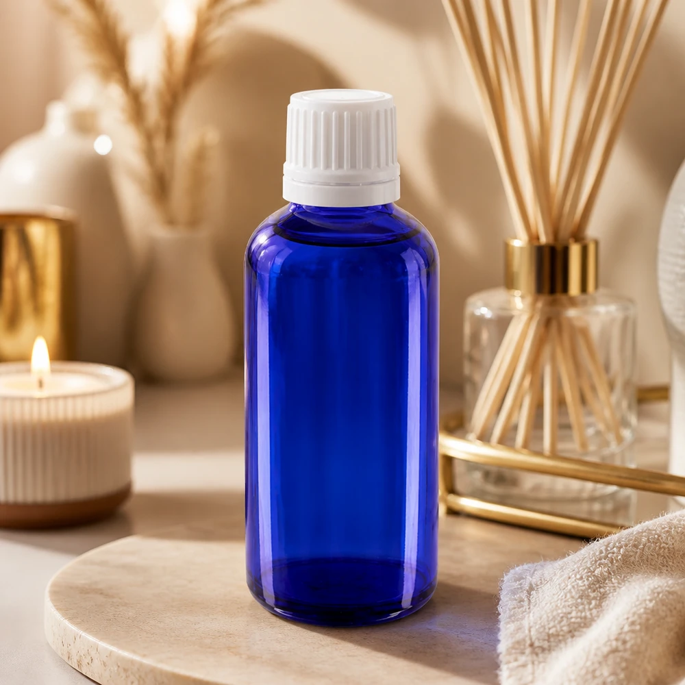 Lékárenská lahvička modrá 50ml kapátko uzávěr 1,2mm bílý uzávěr proti otevření. Blaue 50ml Glasflasche mit weißem Schraubverschluss und Tropfeinsatz für Öle und Tinkturen