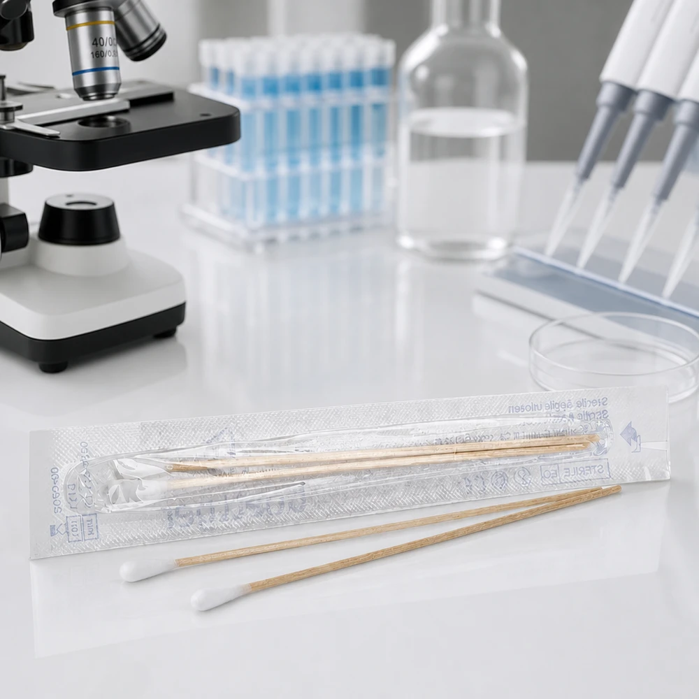 Transparente Sterilverpackung mit zwei Wattestäbchen auf weißer Laborfläche Nahaufnahme