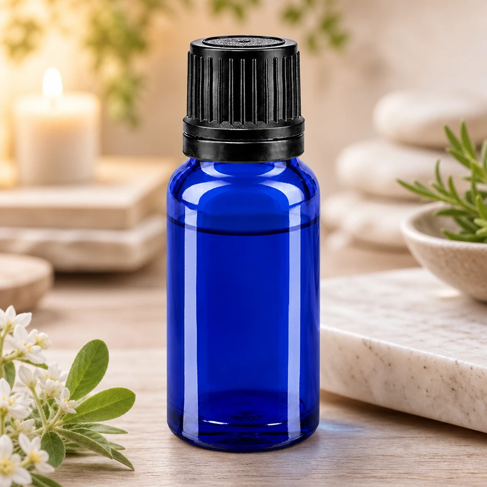 Hochwertige blaue 10ml Flasche mit Originalitätsverschluss schwarz und 1mm Tropfer aus Glas