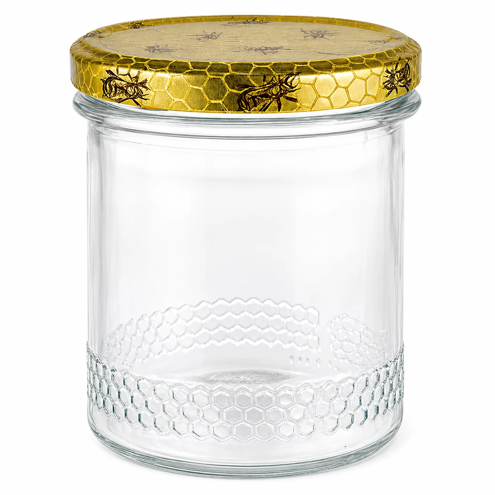 400ml Honigglas mit goldenem Bienenwaben-Deckel, leeres Glas mit Wabenmuster für Honig und Imkerei