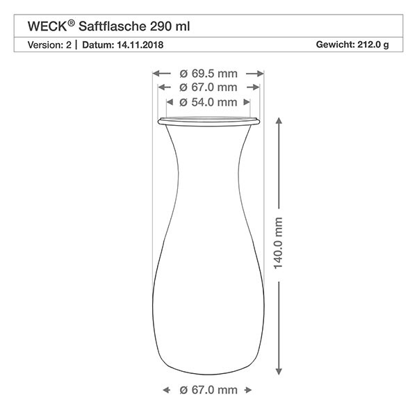 290ml láhev na džus WECK RR60 s korkem přírodní Technische Zeichnung WECK 290ml Saftflasche mit Maßangaben Durchmesser 69,5mm Höhe 140mm Gewicht 212g RR60