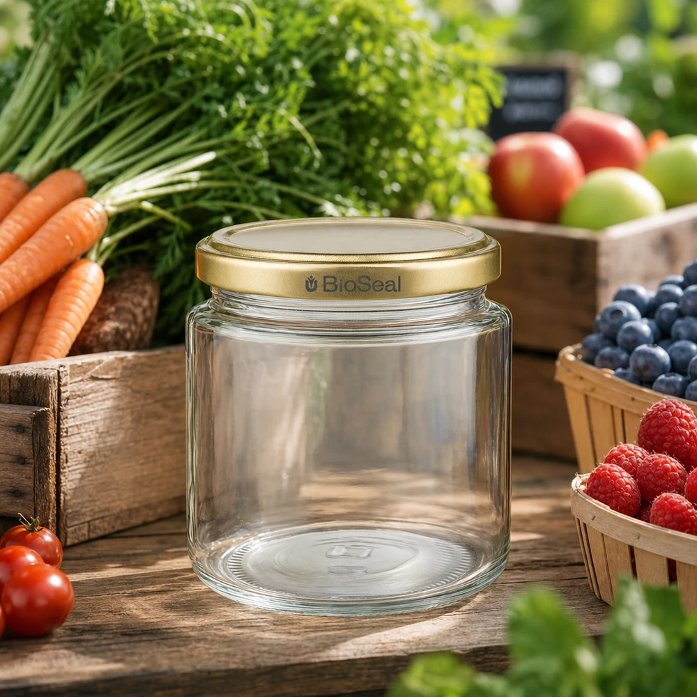 BioSeal 250ml Honigglas leer mit goldenem UNiTWIST Deckel umgeben von frischem Obst und Gemüse aus dem Garten